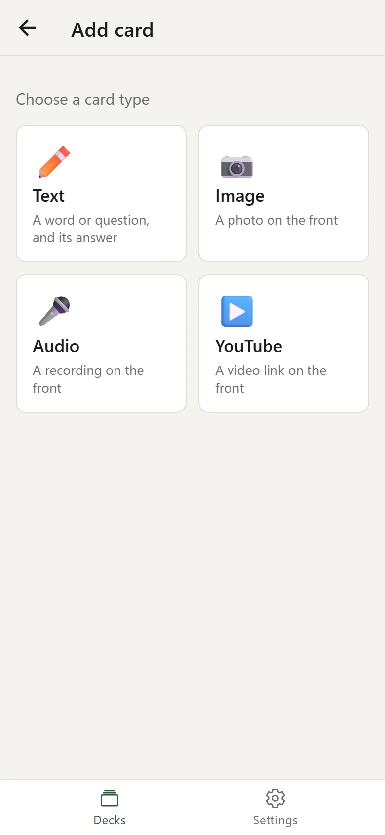 Choosing a card type: text, image, audio or YouTube