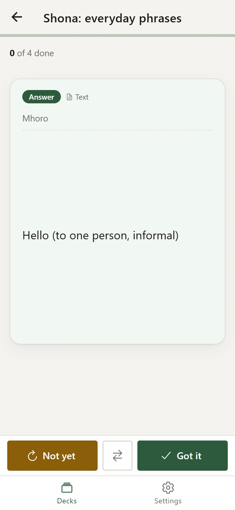 Review mode showing the answer side of a card with Not yet and Got it buttons
