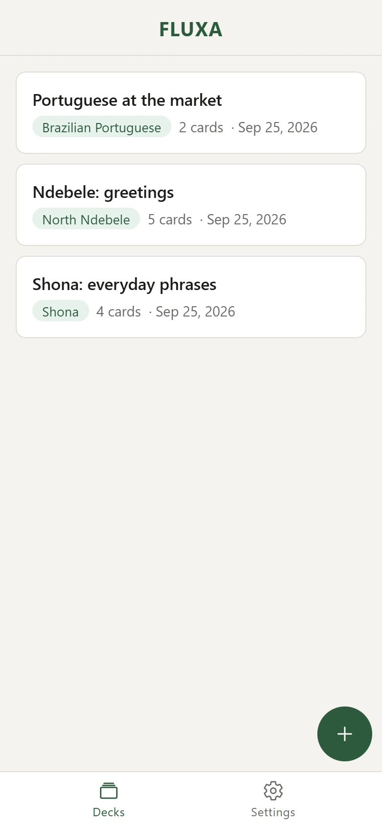 FLUXA home screen listing Shona, Ndebele and Portuguese decks