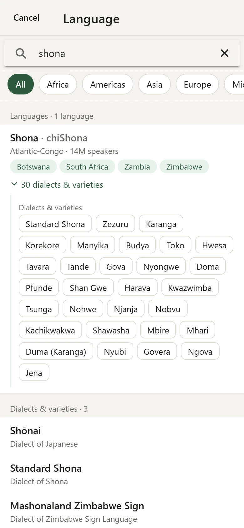 Language picker showing Shona and its dialects such as Zezuru, Karanga and Korekore